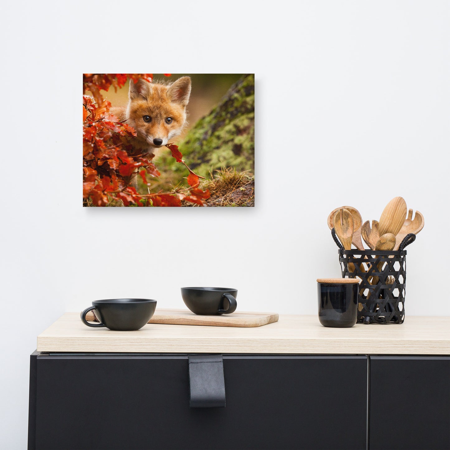 Animal Canvas Prints For Nursery: Peek-A-Boo Baby Fox Pup And Fall Leaves - Animal / Wildlife / Nature Photograph Canvas Artwork - Wall Decor