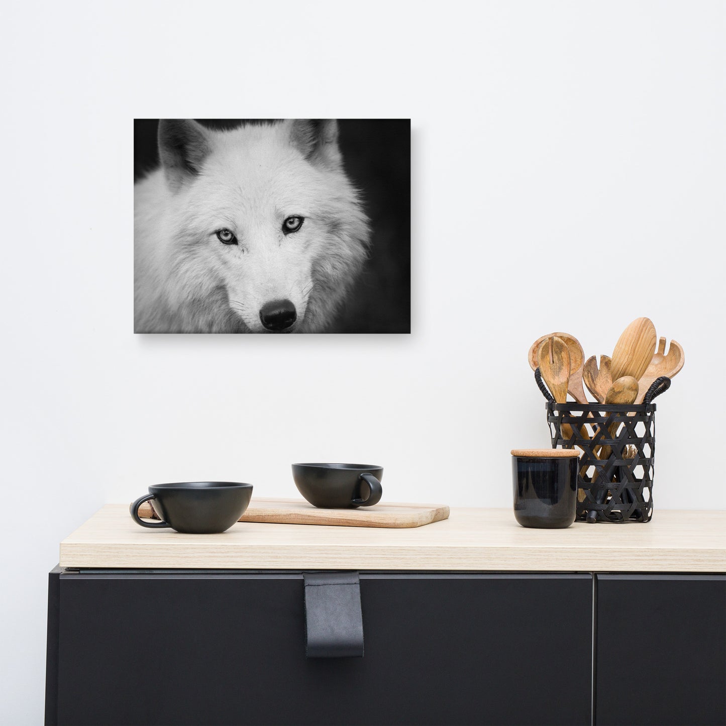 Black and White Portrait of White Wolf In The Forest Animal Wildlife Photograph Canvas Wall Art Prints