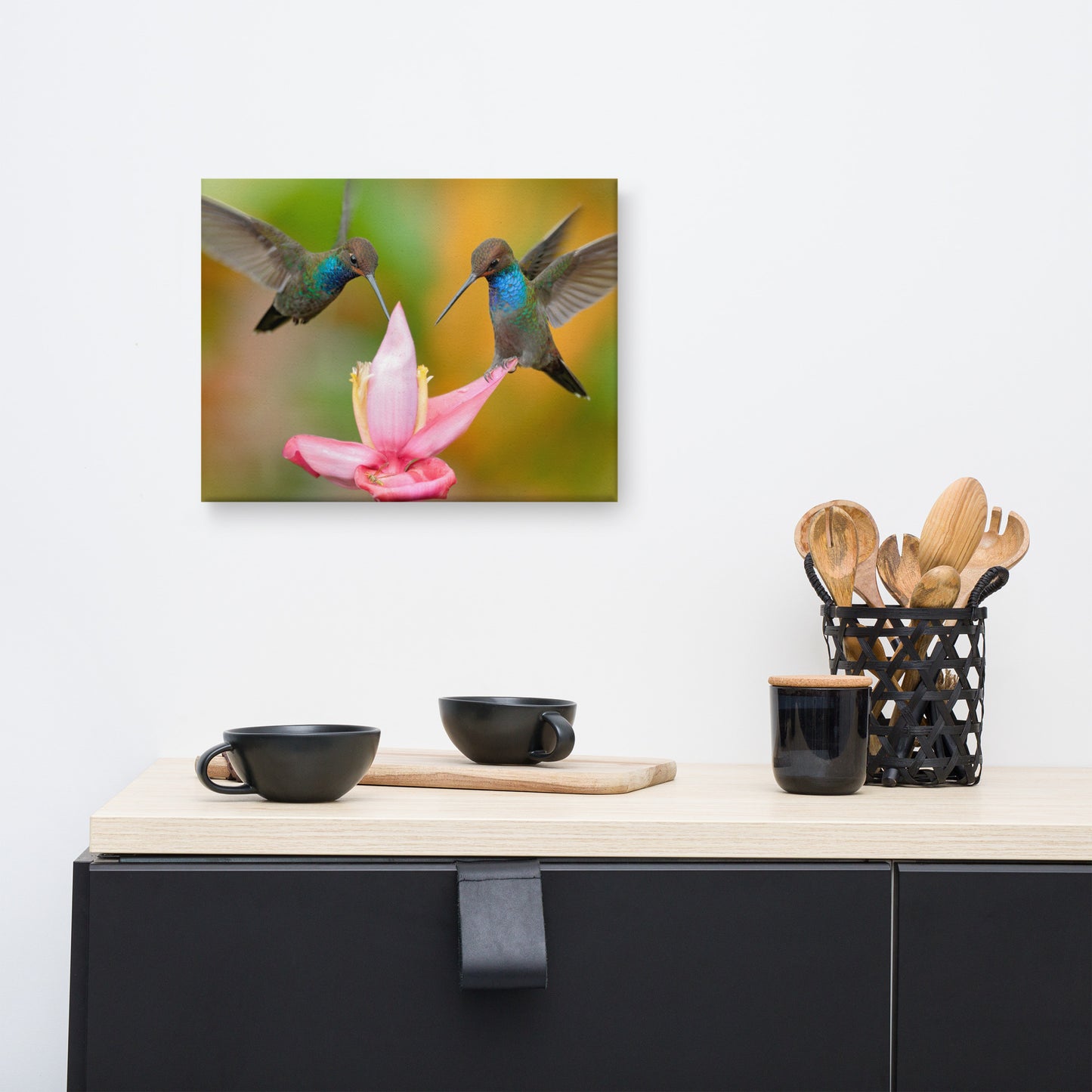Hummingbirds with Pink Flower Bloom Animal Wildlife Photograph Canvas Wall Art Print