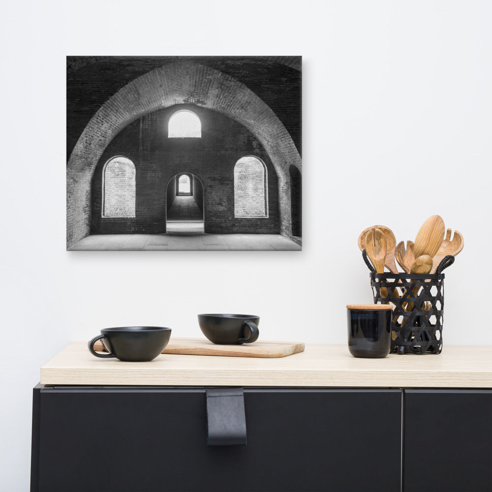 Industrial Office Wall Decor: Fort Clinch Bunker Room Black and White 2 Architecture Photo Canvas Wall Art Print