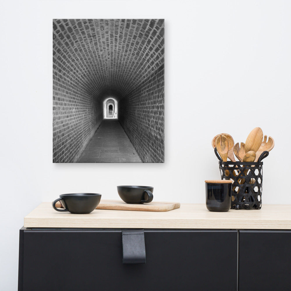 Urban Industrial Wall Art: Fort Clinch Tunnel Black and White Photo Canvas Wall Art Print