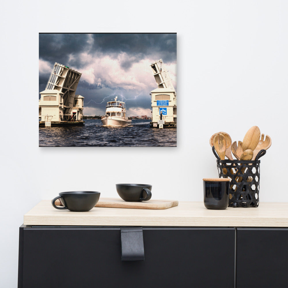 Small Beach Canvas Prints: Stormy Drawbridge and Boat Racing Towards the Sun Coastal Landscape Photograph Canvas Wall Art Print