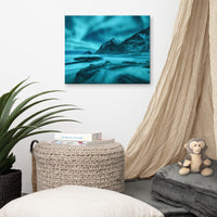 Blue Northern Lights and Mountain Coast Lofoten islands, Norway Landscape Photo Canvas Wall Art Prints