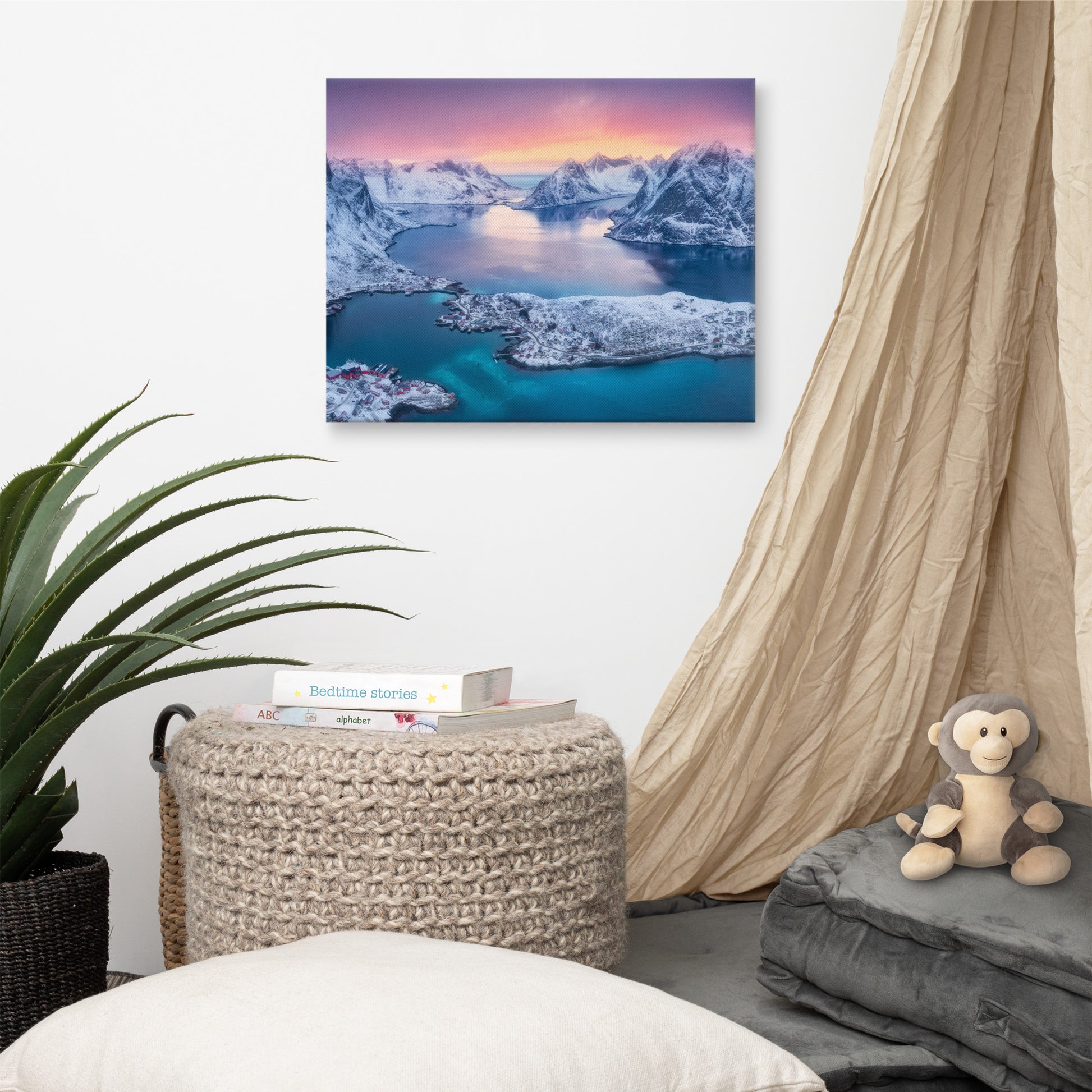 Reine at Winter Sunset Icy Mountain Landscape Photo Canvas Wall Art Prints