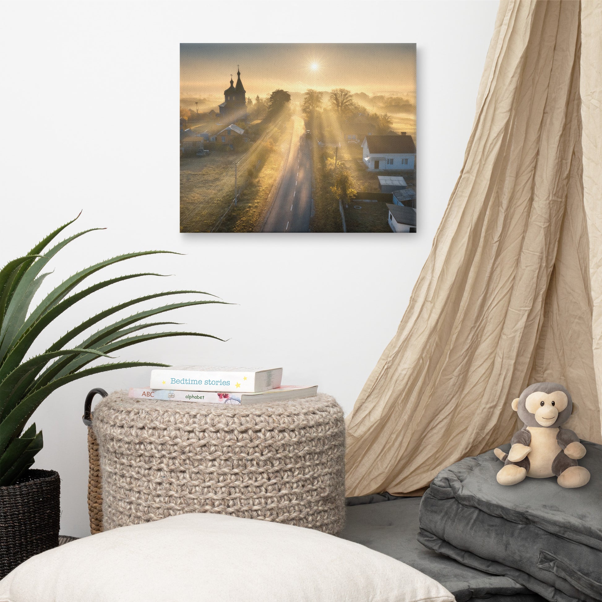 Misty Rural Town Sunrise in Autumn with Glory Rays Landscape Photo Canvas Wall Art Prints