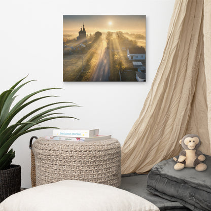 Misty Rural Town Sunrise in Autumn with Glory Rays Landscape Photo Canvas Wall Art Prints