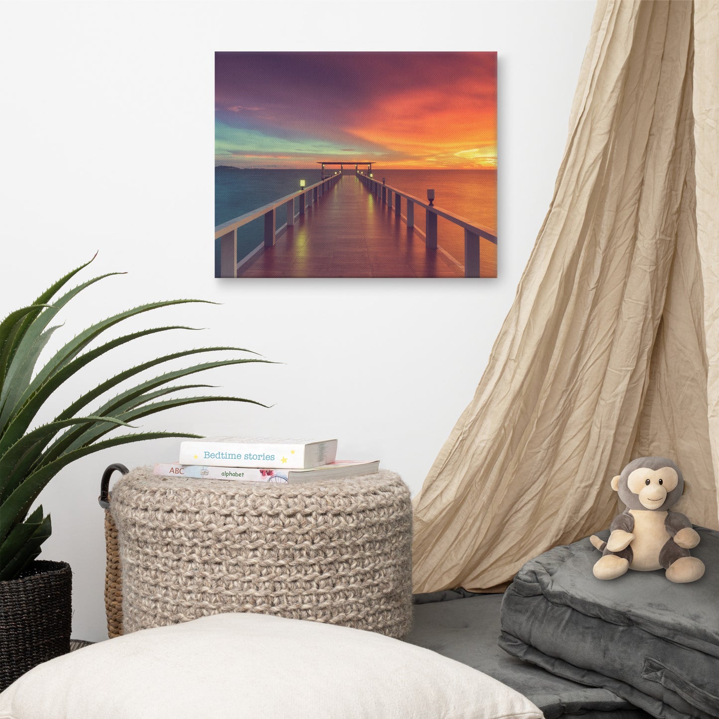 Wall Hanging Decor Bedroom: Surreal Wooden Pier At Sunset with Intrigued Effect Landscape Photo Canvas Wall Art Prints