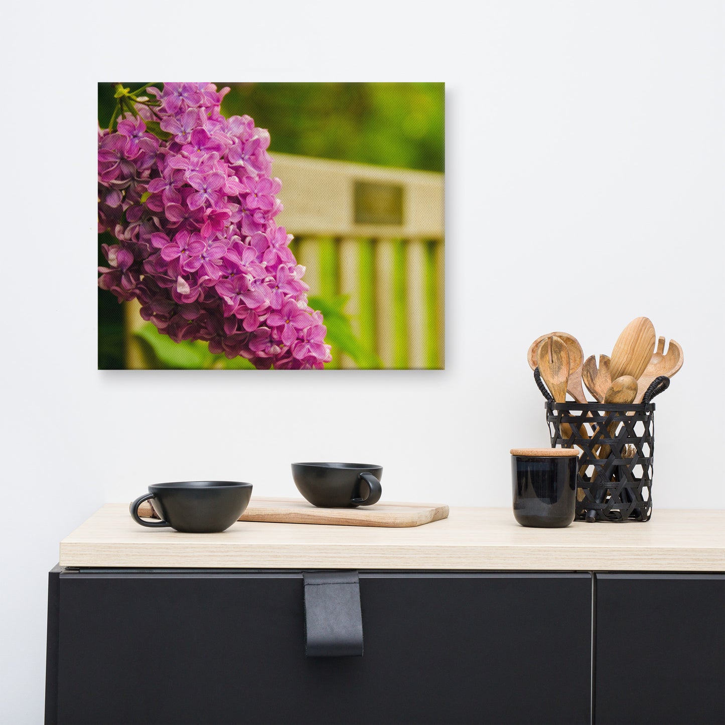 Park Bench with Lilac Floral Botanical Nature Photo Canvas Wall Art Prints