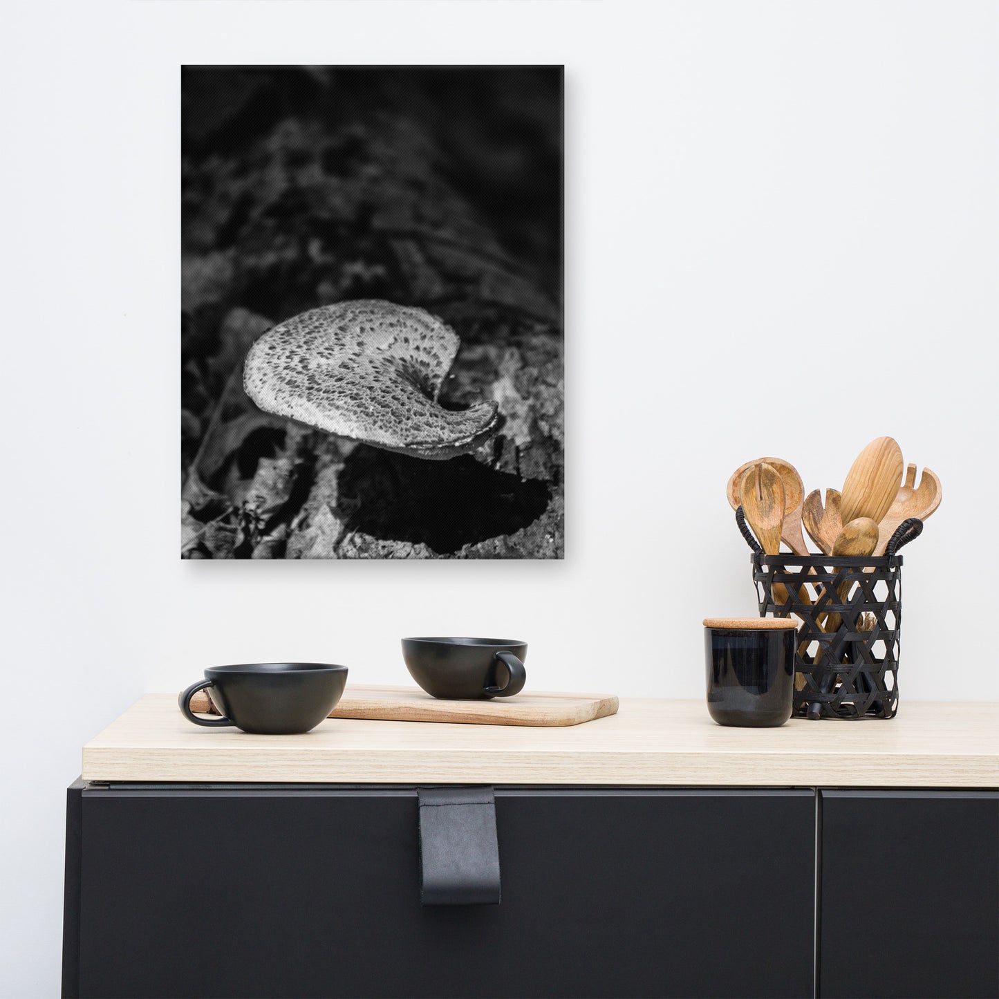 Art For Kitchen: Mushroom on Log Black and White Botanical Nature Canvas Wall Art Prints