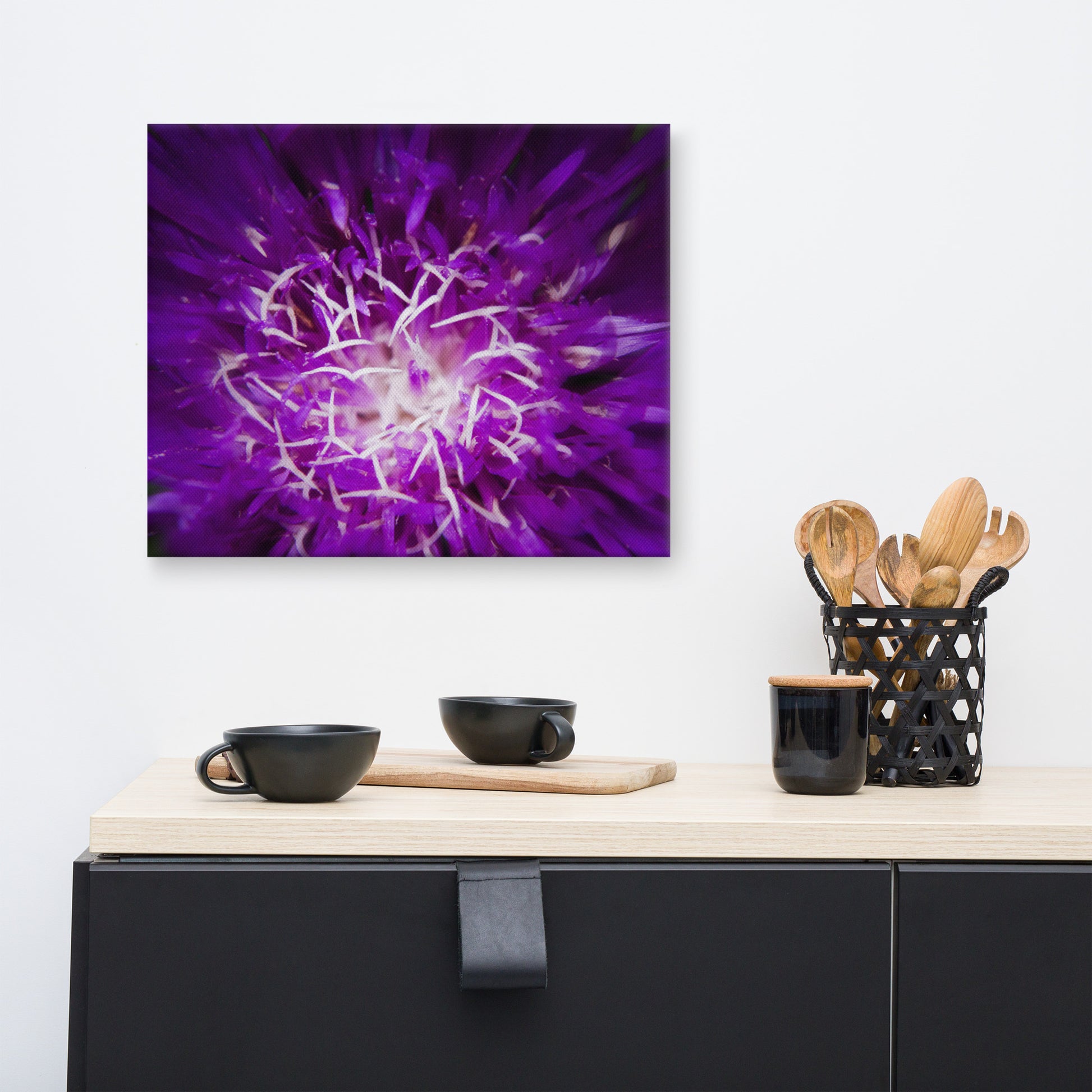 Art Behind Dining Table: Dark Purple and White Aster Bloom Close-up Botanical / Floral / Flora / Flowers / Nature Photograph Canvas Wall Art Print - Artwork