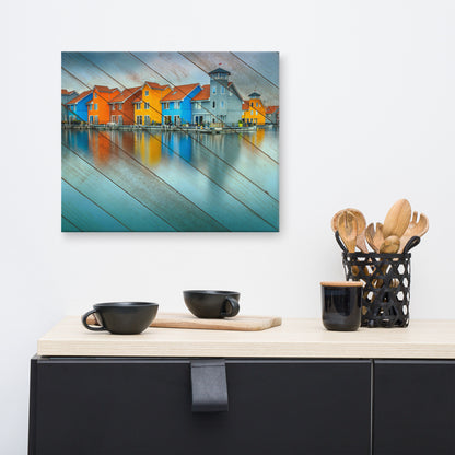 Faux Wood Blue Morning at Waters Edge Coastal Landscape Canvas Wall Art Prints