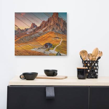 Faux Wood Majestic Sunset and Alpine Mountain Pass Canvas Wall Art Prints
