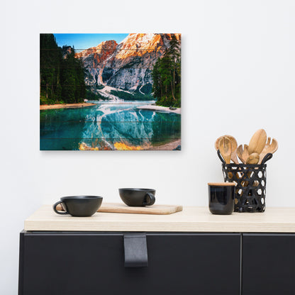 Faux Wood Misty Lake and Snowcap Mountain Reflections Rural Landscape Canvas Wall Art Prints