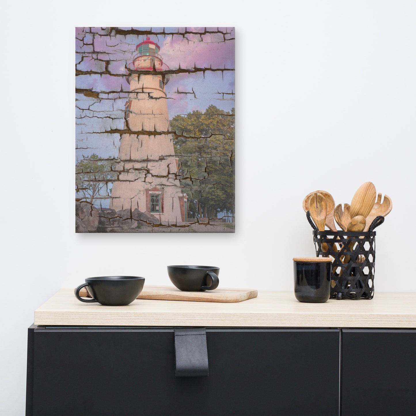 Faux Wood Texture Marblehead Lighthouse at Sunset Canvas Wall Art Prints