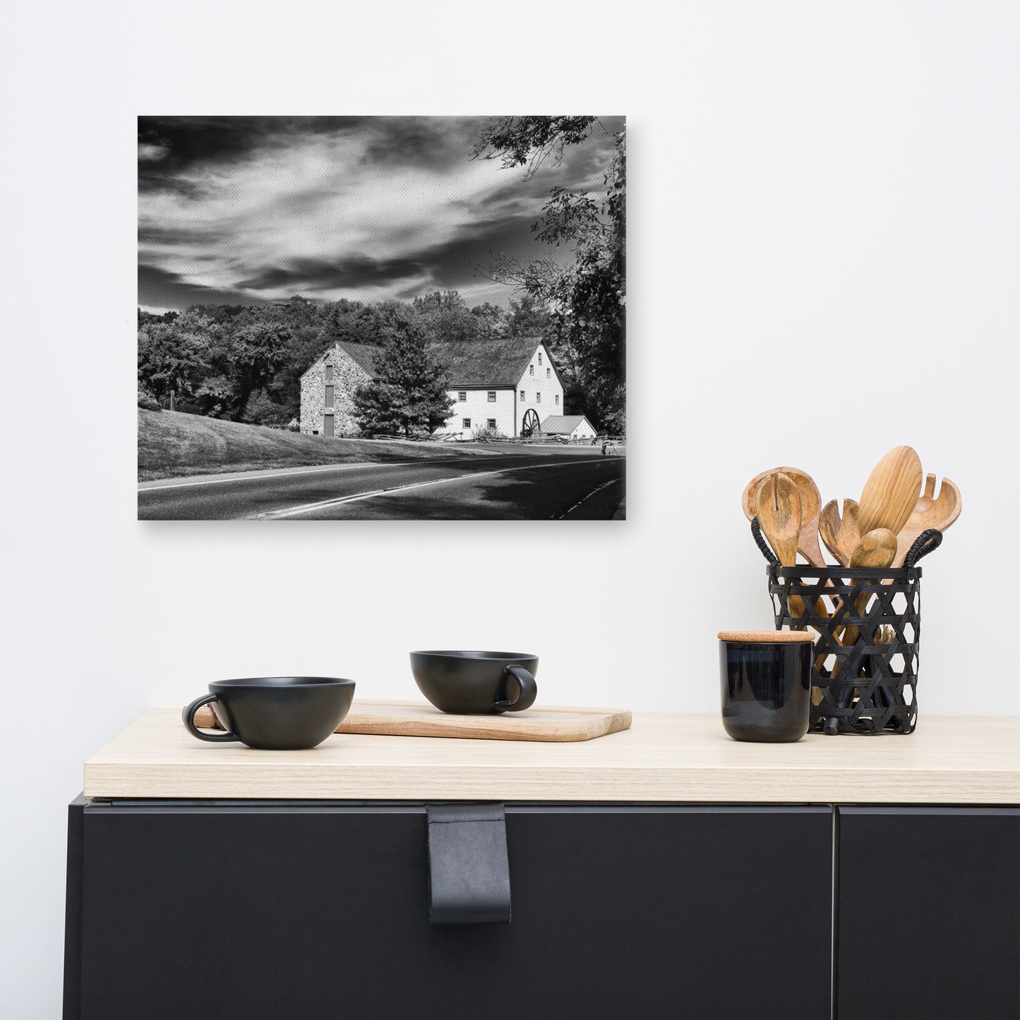 Greenbank Mill - Summer Black and White Rural Landscape Canvas Wall Art Prints