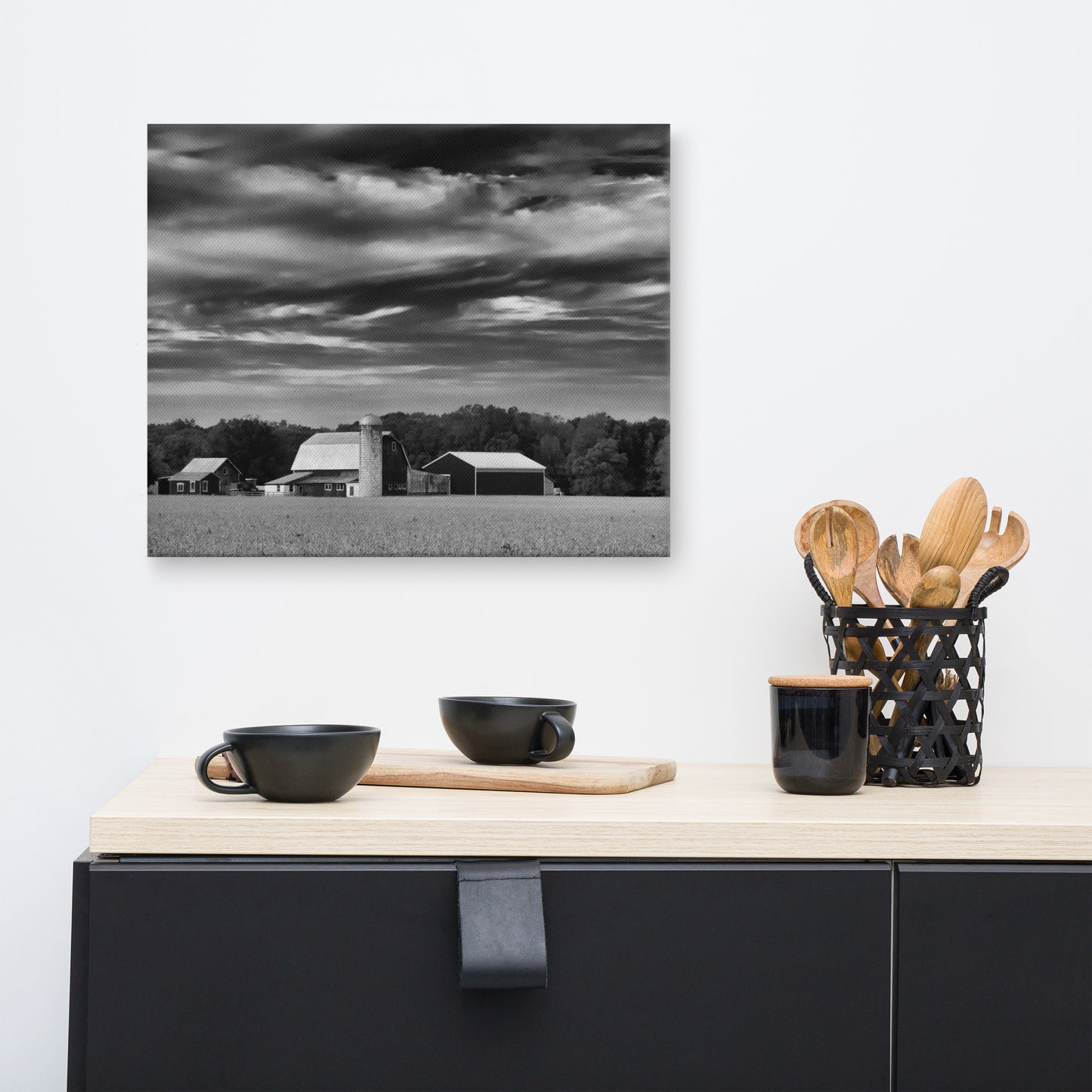 Barn in Field Black and White Rural Landscape Canvas Wall Art Prints