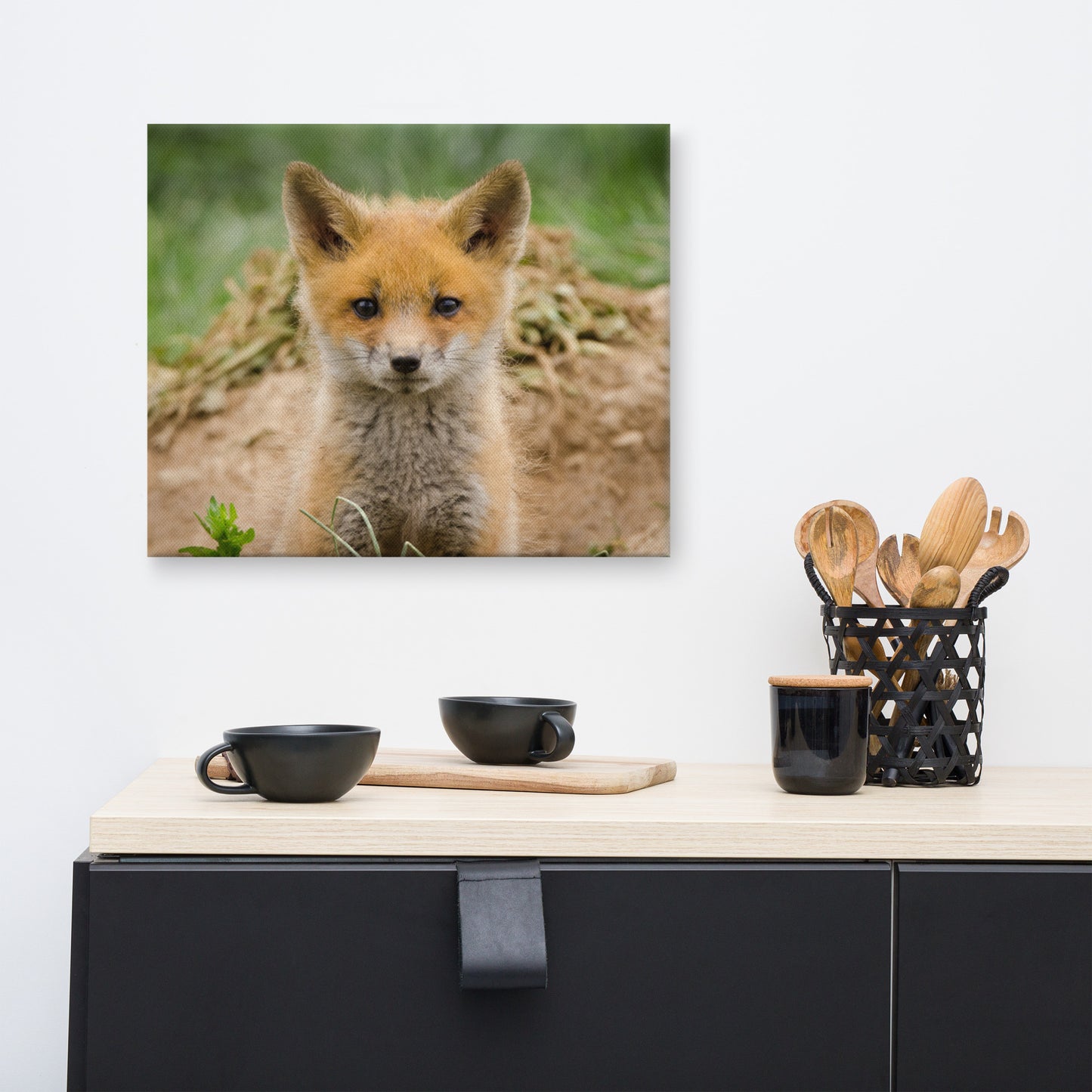 Modern Wall Art For Dining Room: Young Red Fox Kit Popping Out of Den- Wildlife / Animal / Nature Photograph Canvas Wall Art Print - Artwork