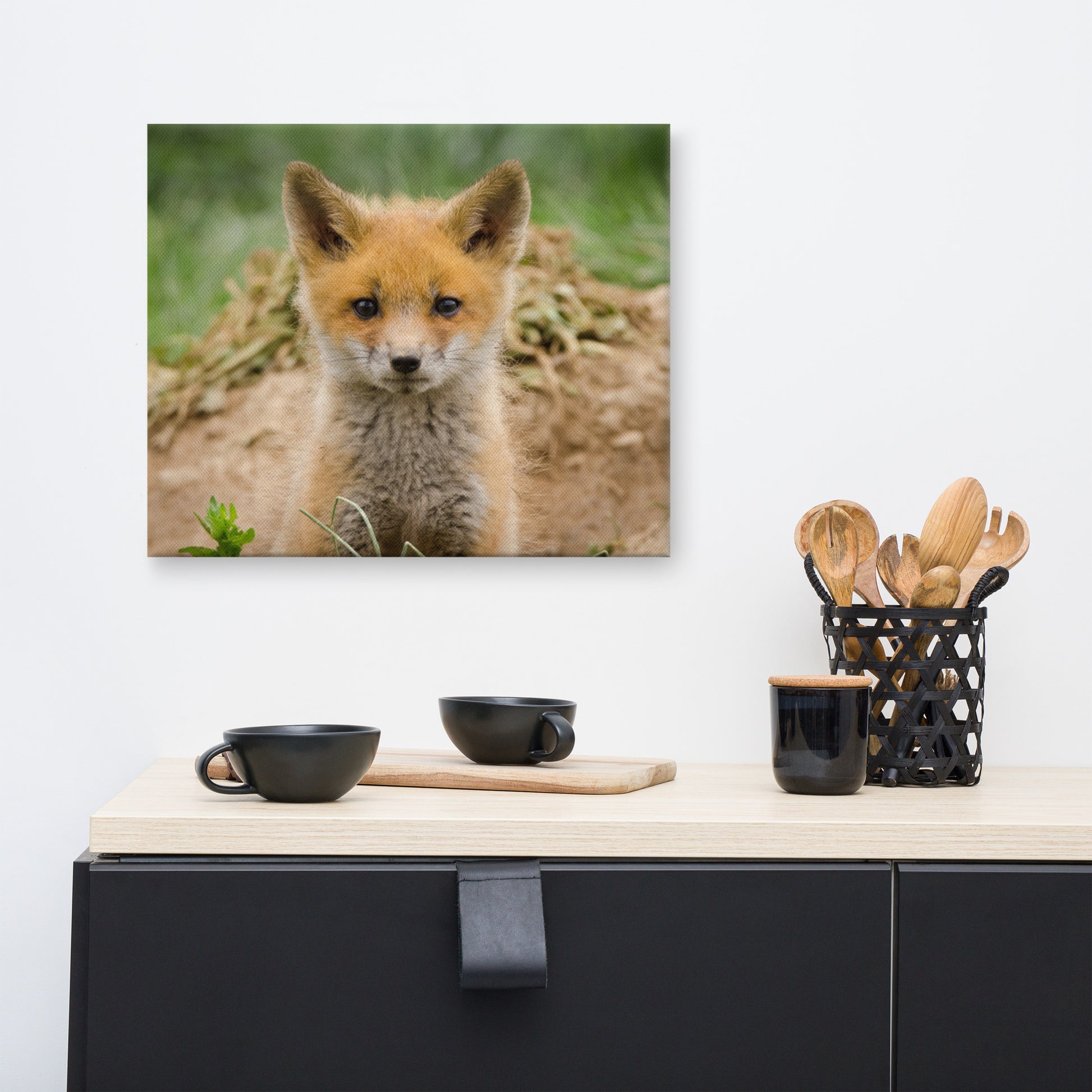 Modern Wall Art For Dining Room: Young Red Fox Kit Popping Out of Den- Wildlife / Animal / Nature Photograph Canvas Wall Art Print - Artwork