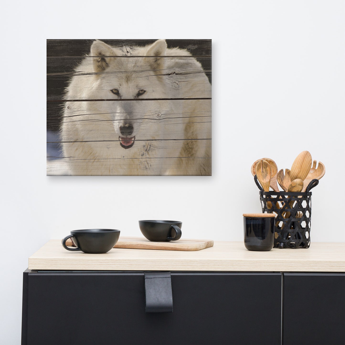 Kitchen Modern Wall Decor: White Wolf Portrait on Faux Weathered Wood Texture - Wildlife / Animal / Nature Photograph Canvas Wall Art Print - Artwork