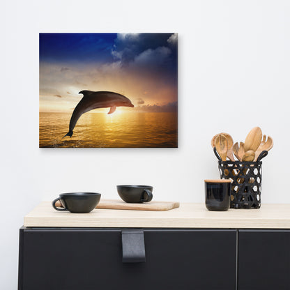 Dramatic Coastal Sunset On The Water With Jumping Bottle Noise Dolphin Animal Wildlife Photograph Canvas Wall Art Print
