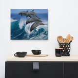 Four Bottle Noise Dolphins Jumping Waves In Tropical Blue Ocean Animal Wildlife Photograph Canvas Wall Art Print