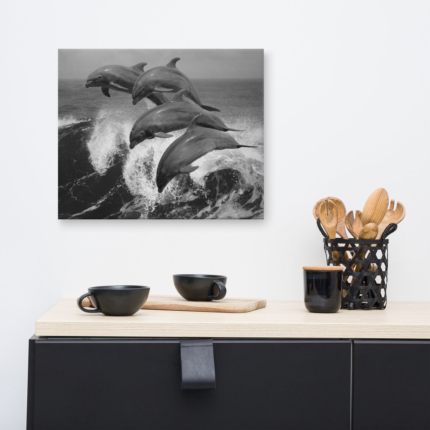 Four Bottle Noise Dolphins Jumping Waves In Tropical Ocean Black and White Animal Wildlife Photograph Canvas Wall Art Print