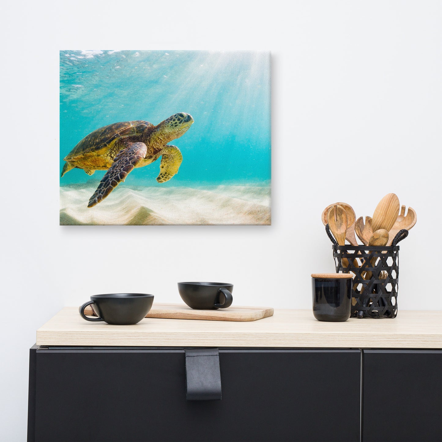 Hawaiian Green Sea Turtle In Turquoise Blue Sea and Sandbars Animal Wildlife Photograph Canvas Wall Art Print