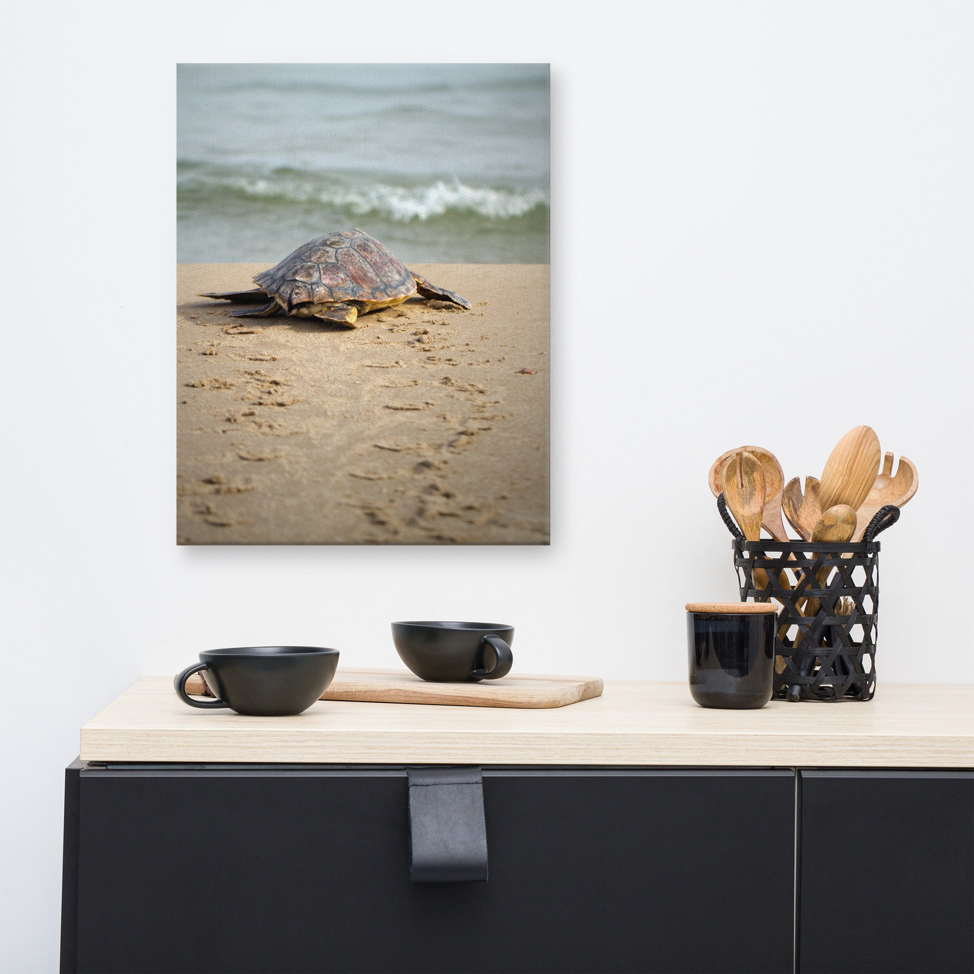 Beach Kitchen Wall Art: Baby Loggerhead Sea Turtle Hatchling at the Shore - Coastal / Wildlife / Marine Animal / Nature Photograph Canvas Wall Art Print - Artwork