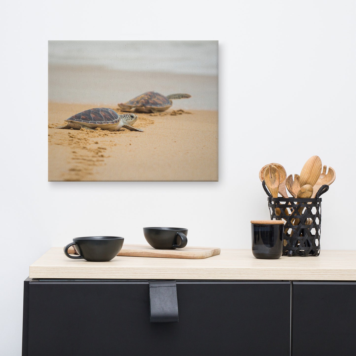 Modern Dining Room Art: Hawksbill Sea Turtle Hatchlings at the Shore - Coastal / Wildlife / Marine Animal / Nature Photograph Canvas Wall Art Print - Artwork