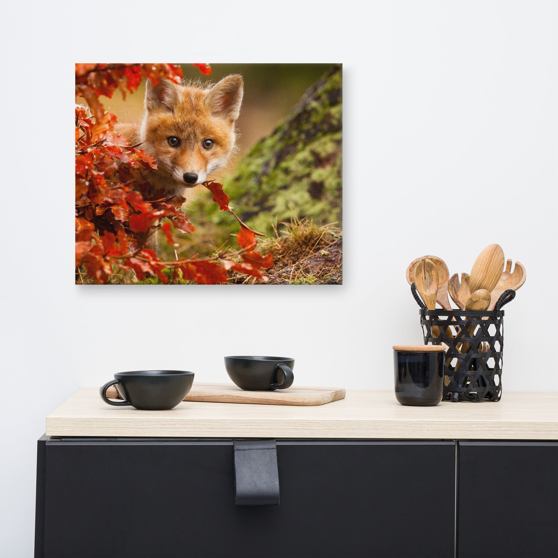 Animal Canvas Wall Art Nursery: Peek-A-Boo Baby Fox Pup And Fall Leaves - Animal / Wildlife / Nature Photograph Canvas Artwork - Wall Decor