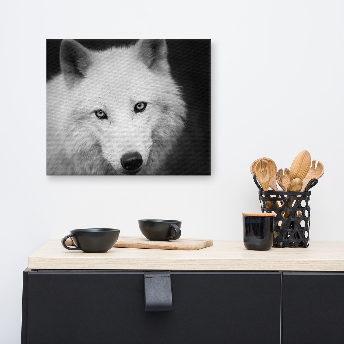Black and White Portrait of White Wolf In The Forest Animal Wildlife Photograph Canvas Wall Art Prints