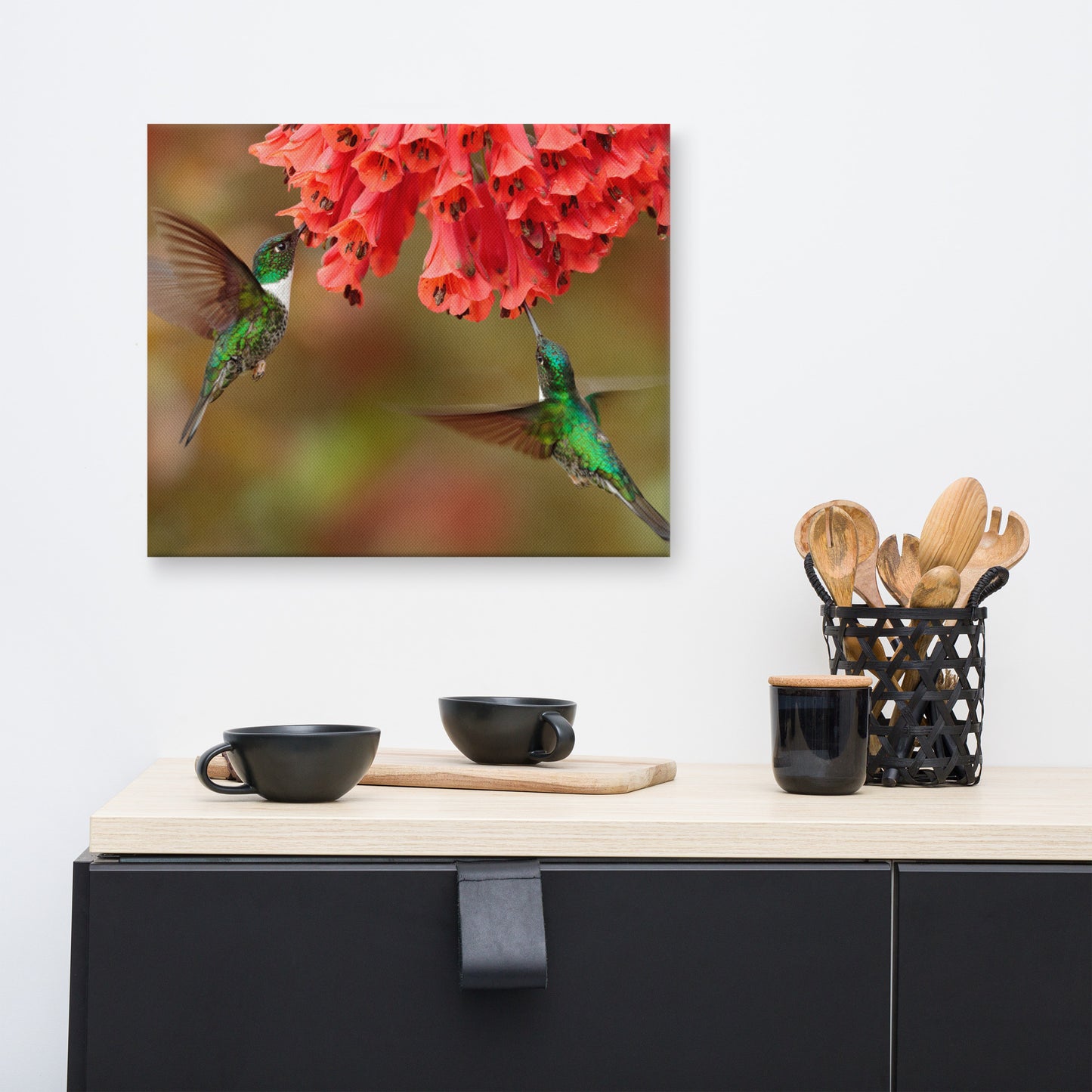 Hummingbirds with Reddish-Orange Flowers Animal Wildlife Photograph Canvas Wall Art Prints