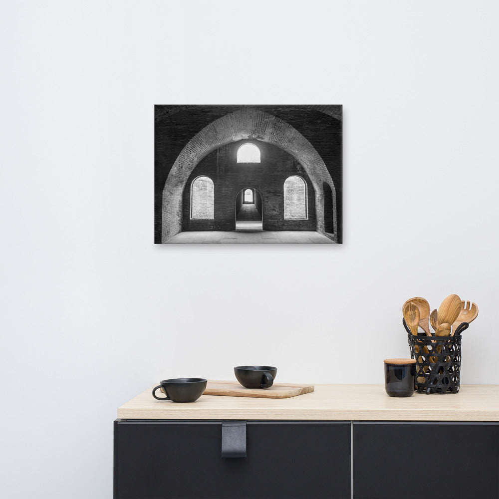 Industrial Living Room Wall Decor: Fort Clinch Bunker Room Black and White 2 Architecture Photo Canvas Wall Art Print