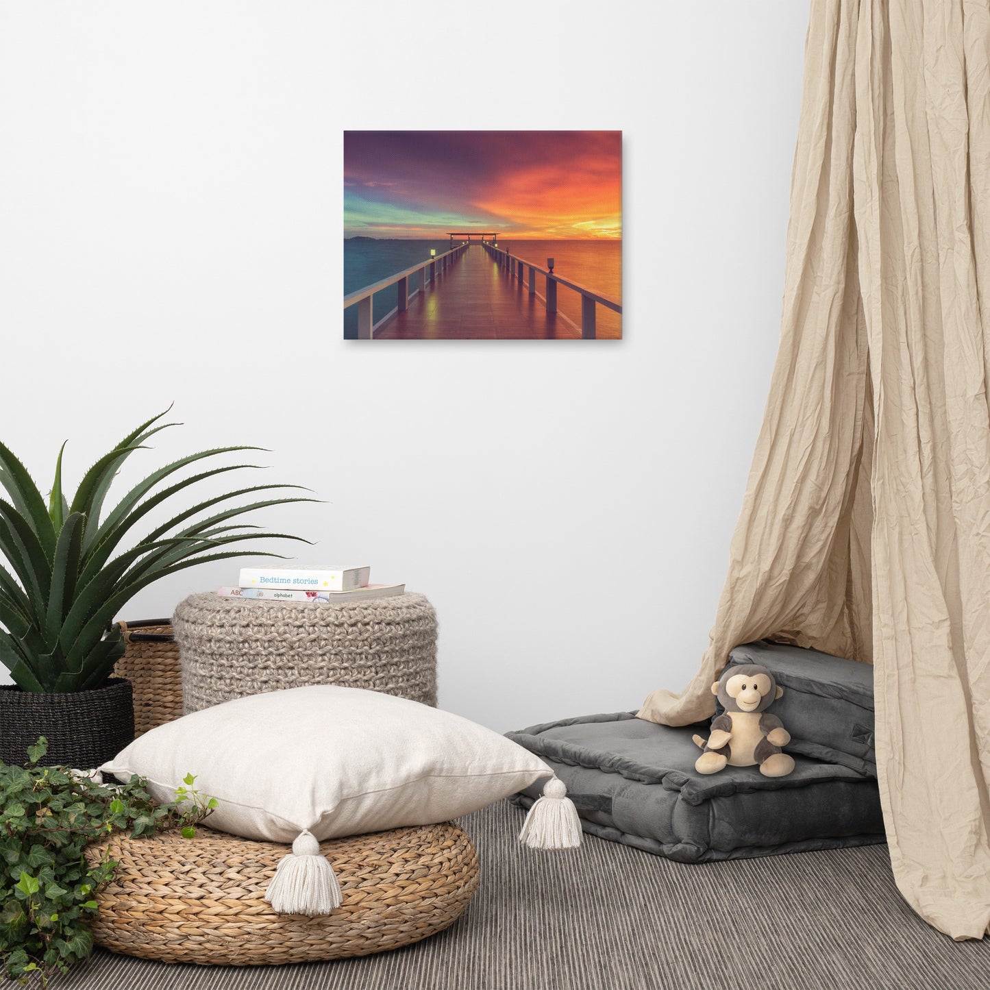 Wall Features Bedroom: Surreal Wooden Pier At Sunset with Intrigued Effect Landscape Photo Canvas Wall Art Prints