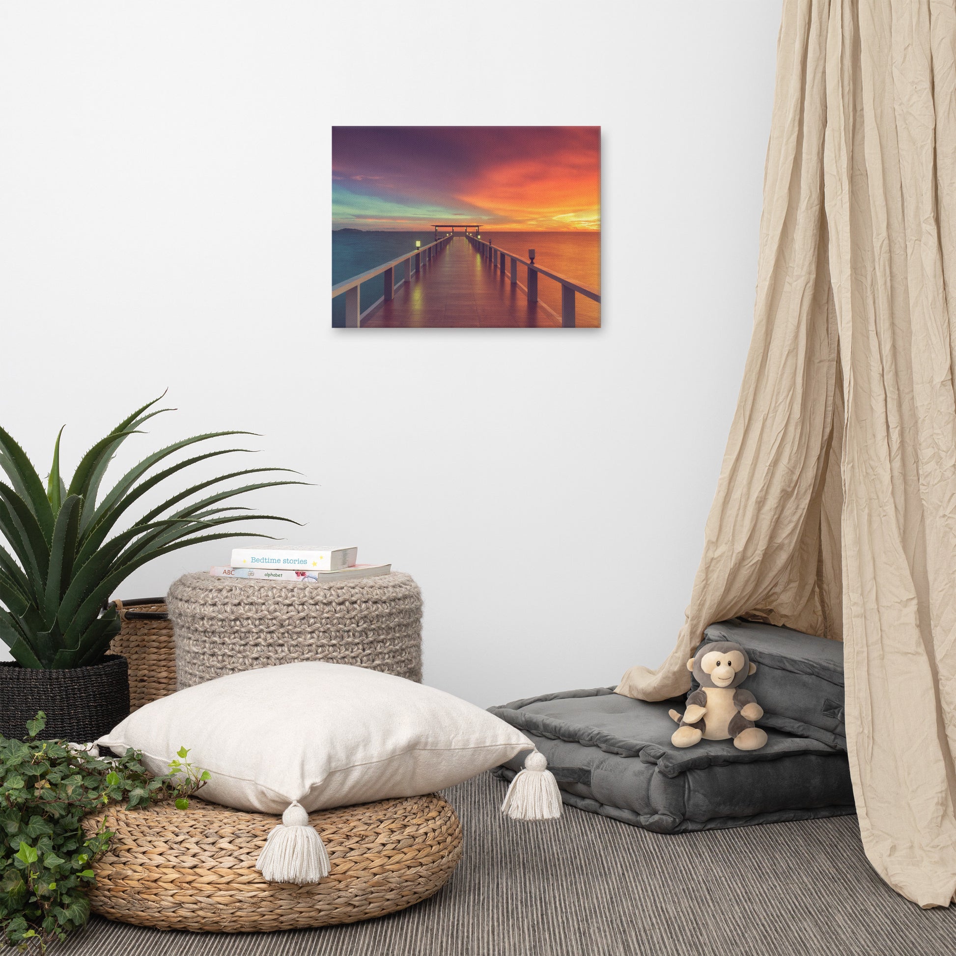 Wall Features Bedroom: Surreal Wooden Pier At Sunset with Intrigued Effect Landscape Photo Canvas Wall Art Prints