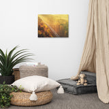 Sunrise Railroad Though Misty Forest With Golden Haze Effect Landscape Photo Canvas Wall Art Prints