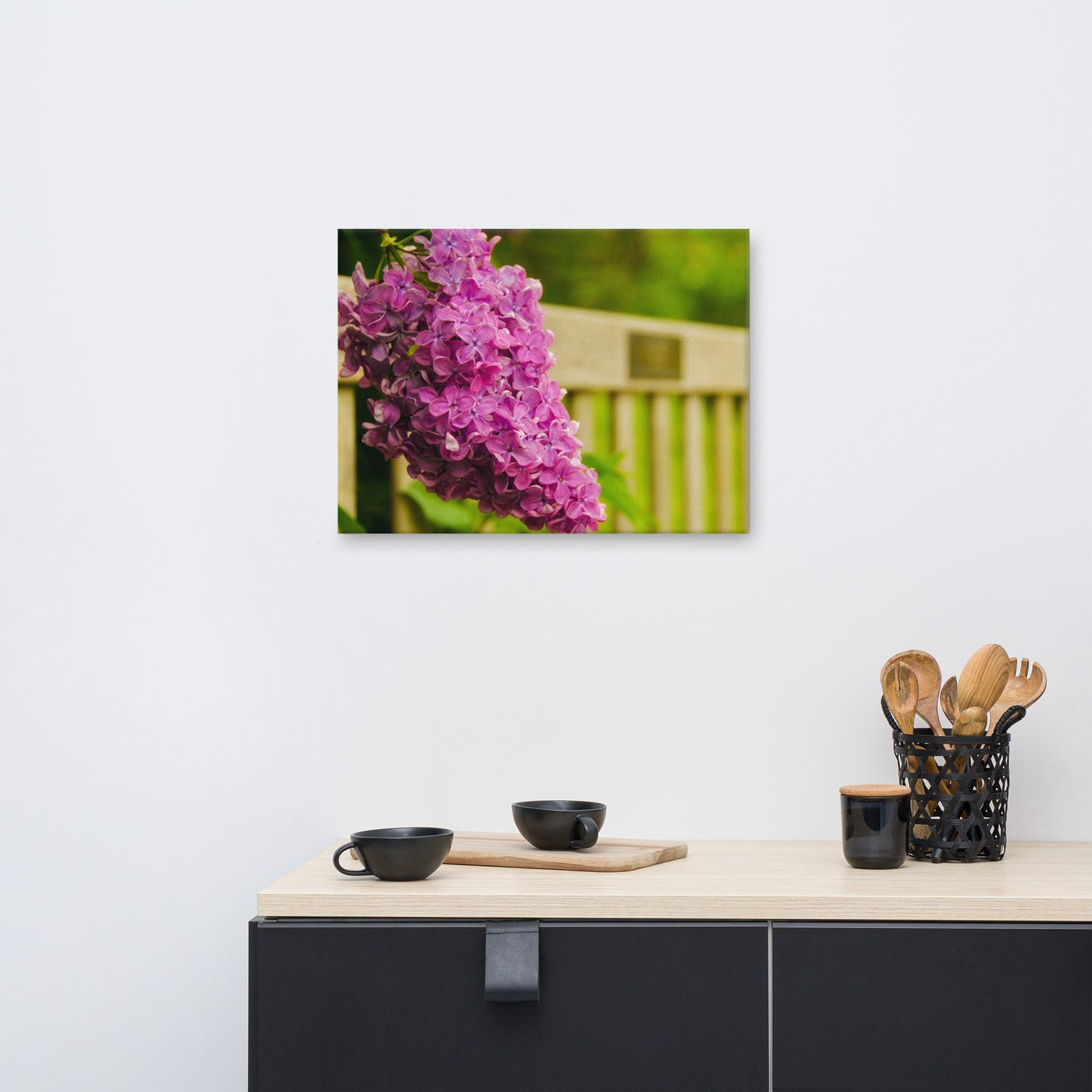 Park Bench with Lilac Floral Botanical Nature Photo Canvas Wall Art Prints