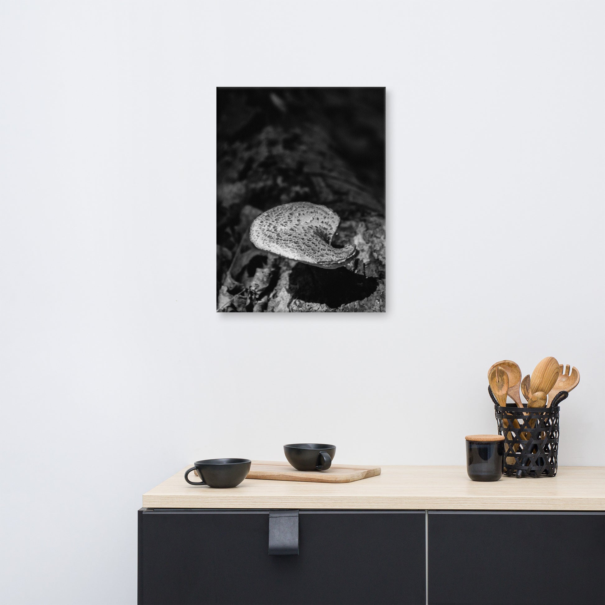 Art For Kitchen Dining Room: Mushroom on Log Black and White Botanical Nature Canvas Wall Art Prints