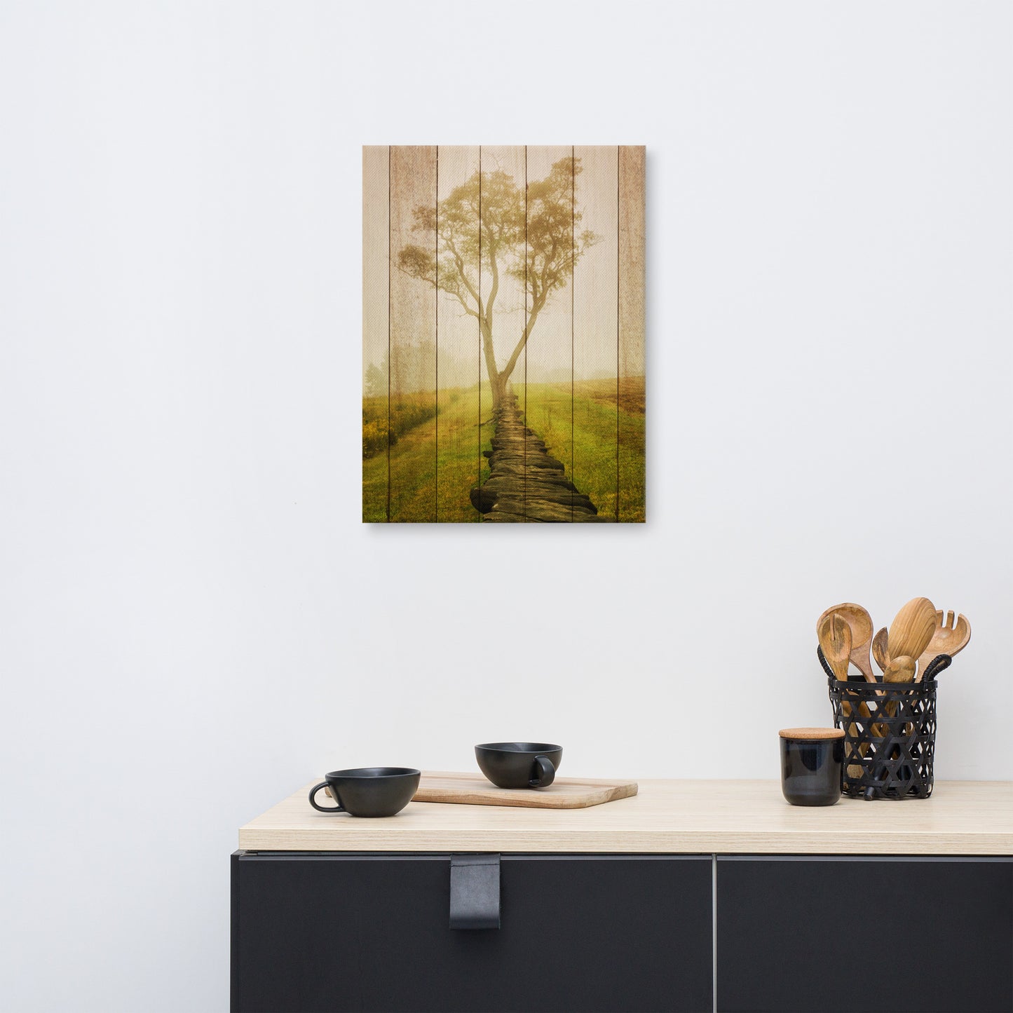 Faux Wood Calming Morning Rural Landscape Canvas Wall Art Prints