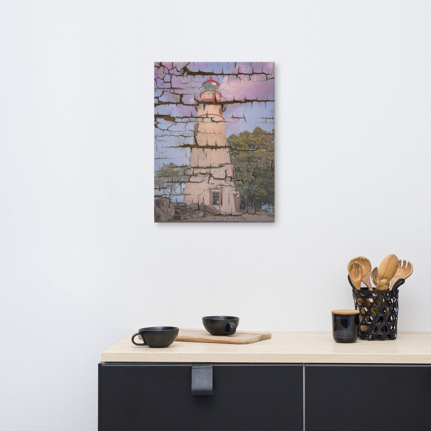 Faux Wood Texture Marblehead Lighthouse at Sunset Canvas Wall Art Prints