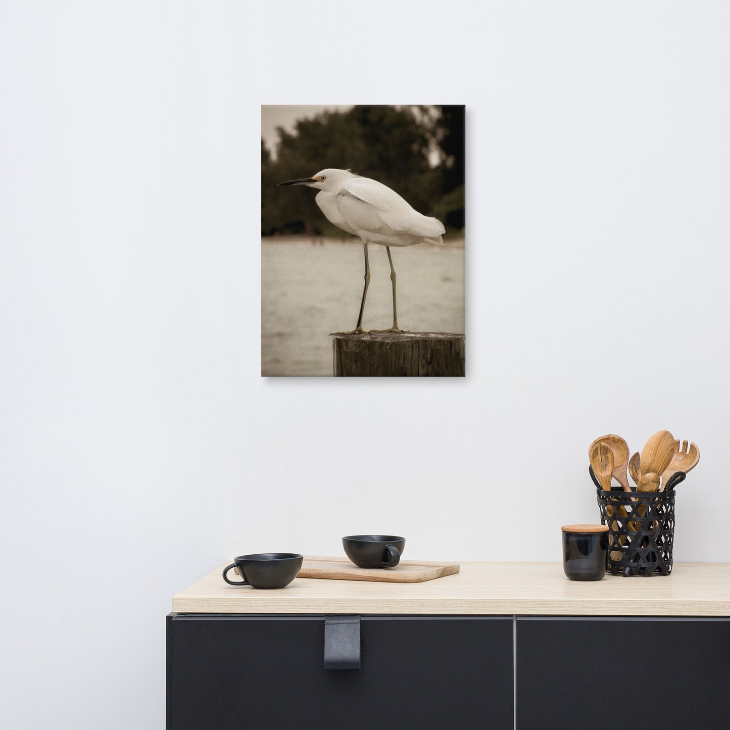 Art Over Dining Table: Sepia Coastal - Bird - Snowy Egret on Pillar / Animal / Wildlife Nature Canvas Photographic Wall Art Print - Artwork
