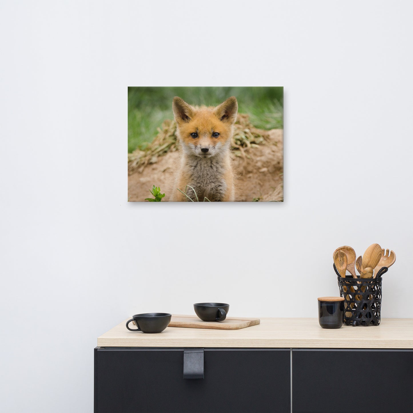 Modern Wall Decor Dining Room: Young Red Fox Kit Popping Out of Den- Wildlife / Animal / Nature Photograph Canvas Wall Art Print - Artwork
