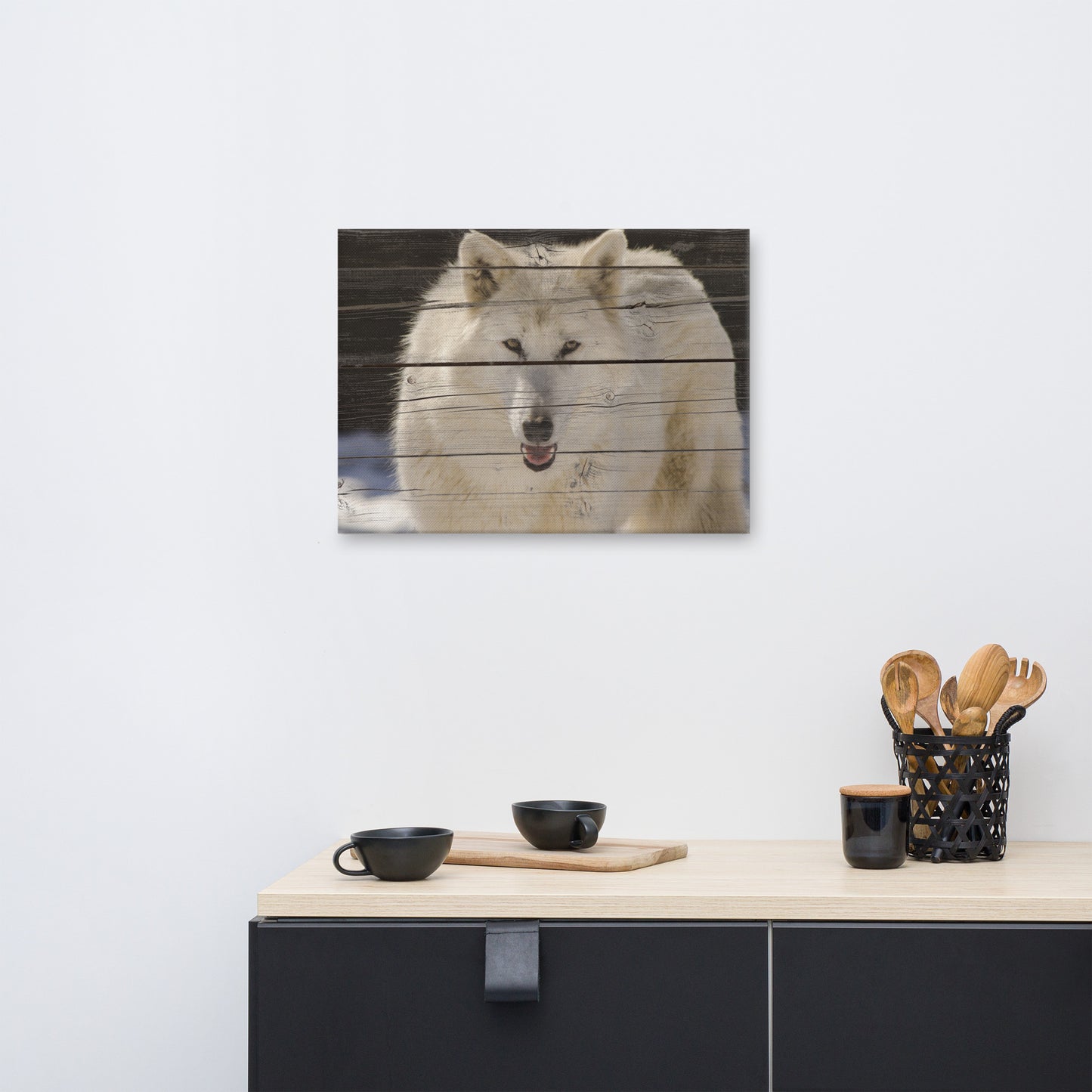 Kitchen Wall Art Modern: White Wolf Portrait on Faux Weathered Wood Texture - Wildlife / Animal / Nature Photograph Canvas Wall Art Print - Artwork