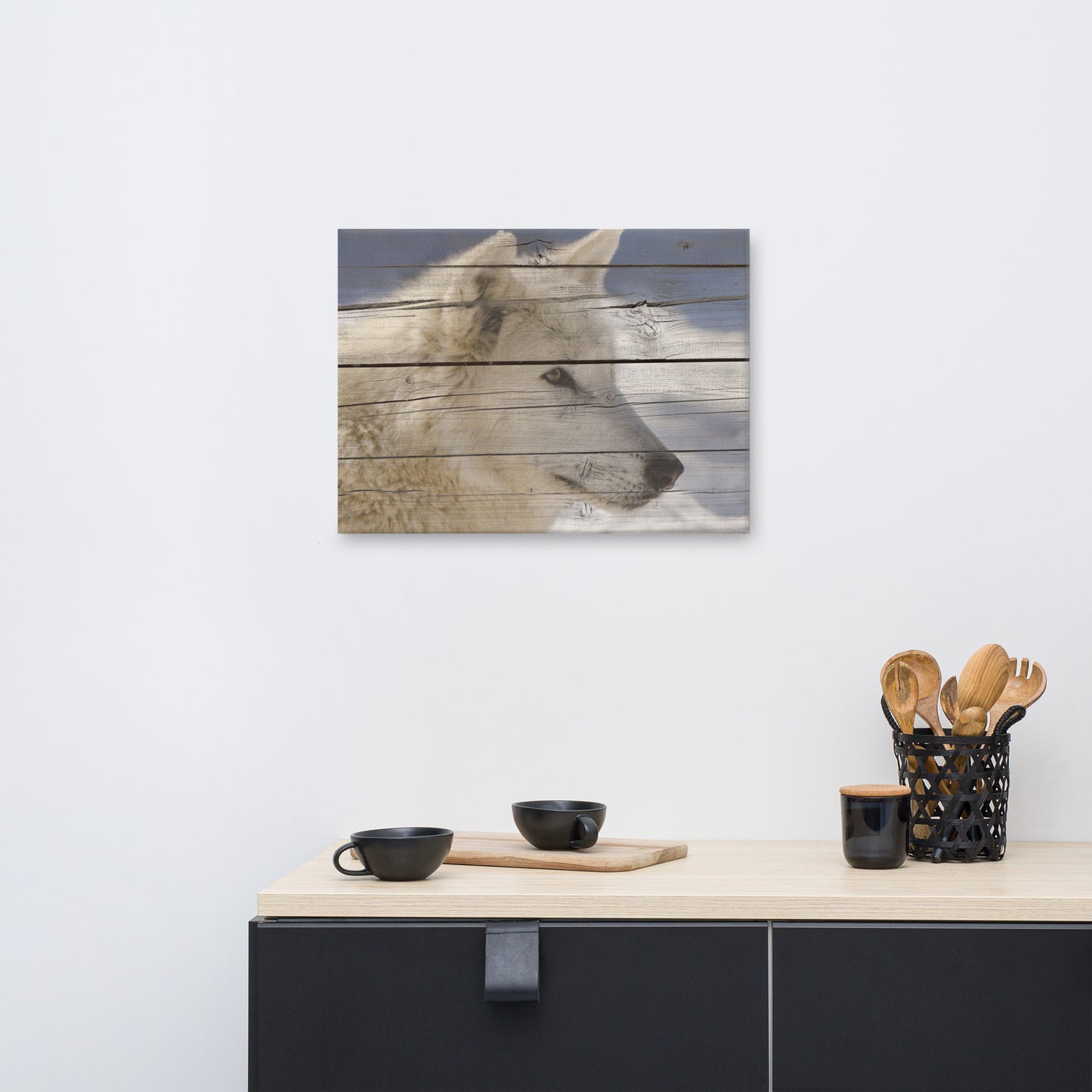 Rustic Canvas Co: Aries the White Wolf Portrait on Faux Weathered Wood Texture - Wildlife / Animal / Nature Photograph Canvas Wall Art Print - Artwork