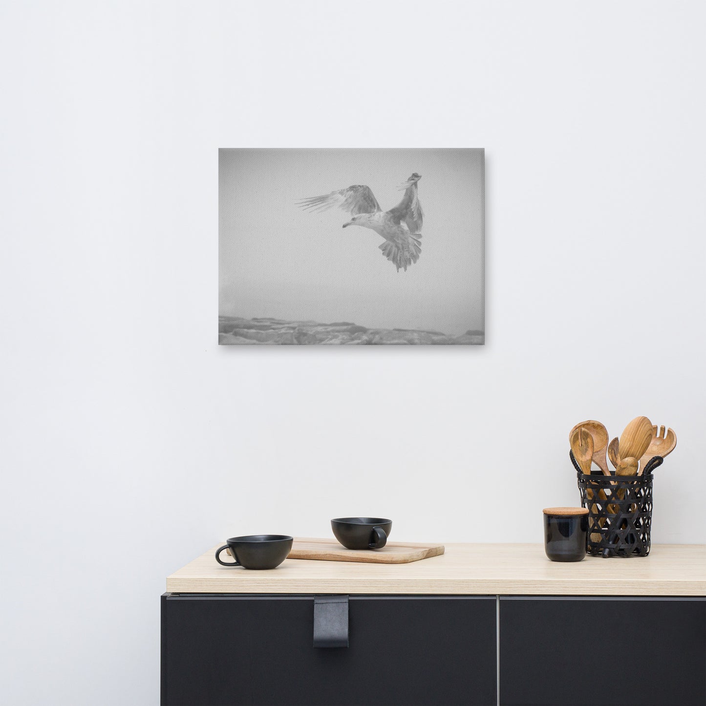 Gull in the Mist - Black and White Animal / Wildlife Photograph Canvas Wall Art Prints