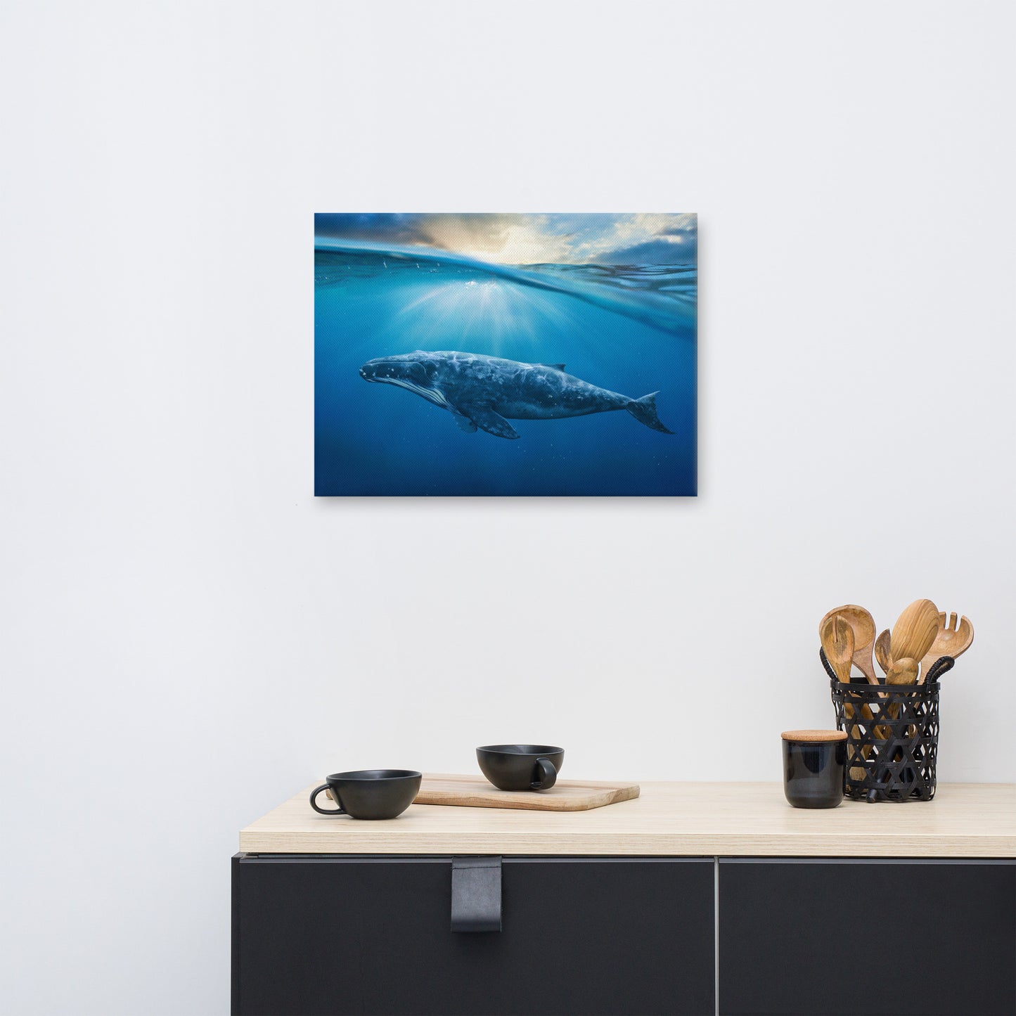 Dreamy Blue Whale Ocean Sunset Glory Rays Animal Wildlife Photograph Canvas Wall Art Print