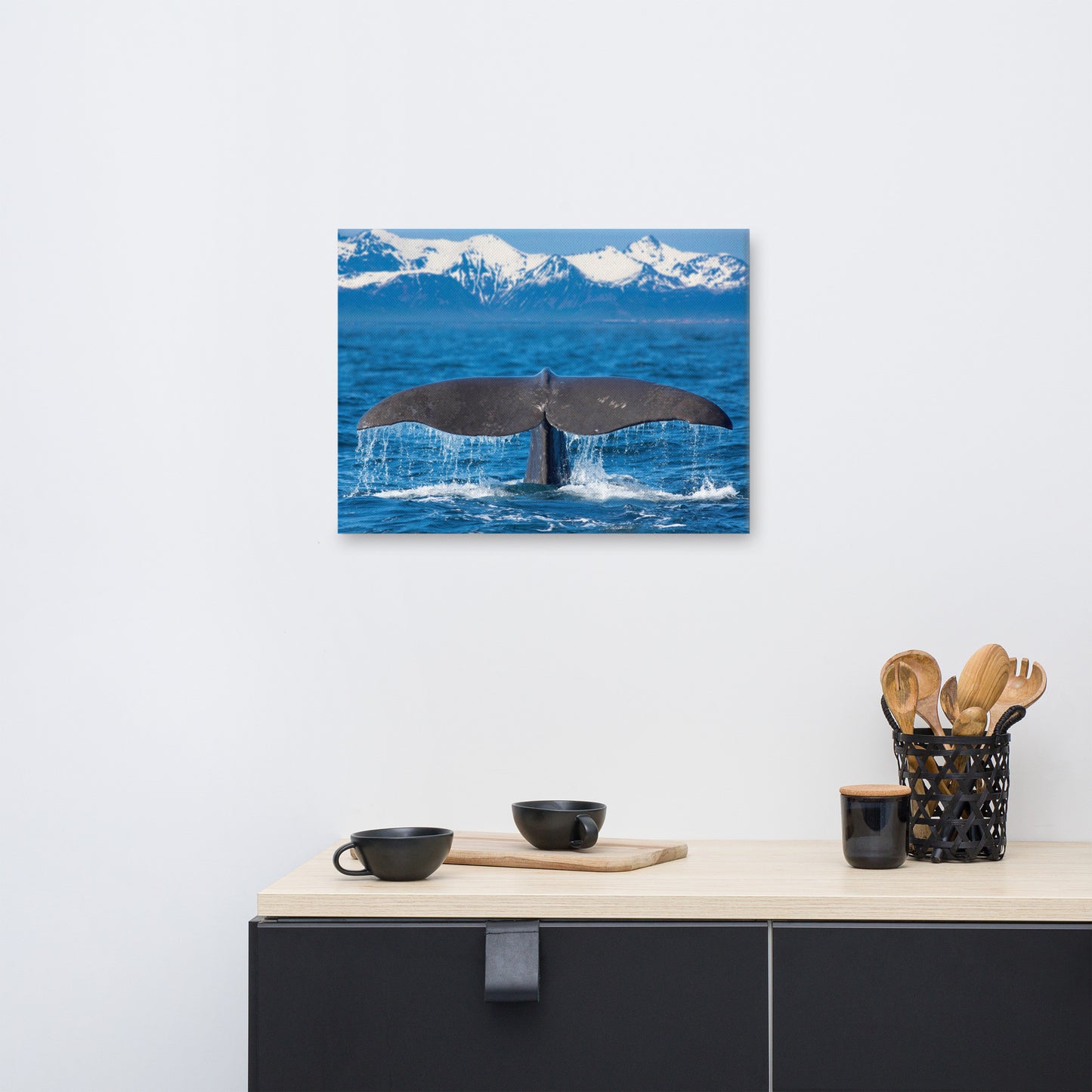 Sperm Whale Tall Splashing In Blue Water With Mountains Of Norway Animal Wildlife Photograph Canvas Wall Art Print