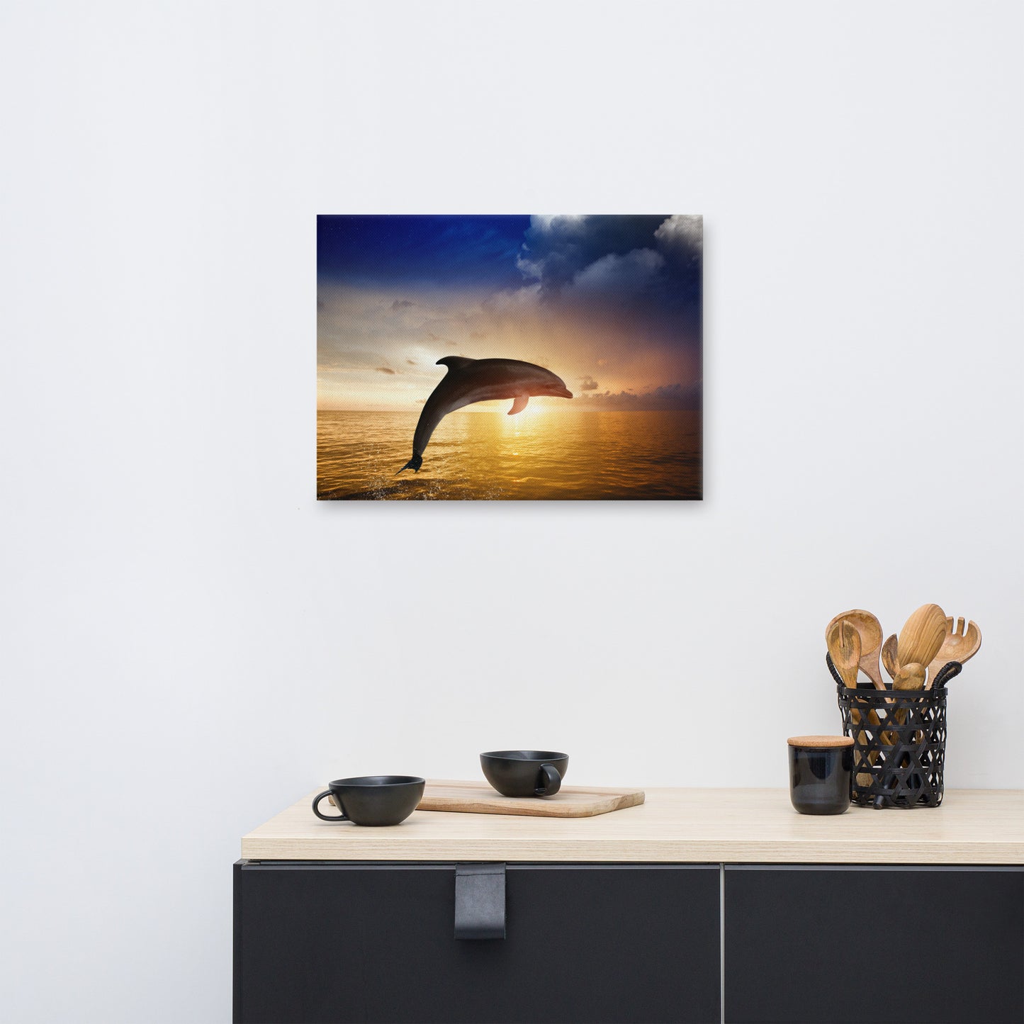 Dramatic Coastal Sunset On The Water With Jumping Bottle Noise Dolphin Animal Wildlife Photograph Canvas Wall Art Print