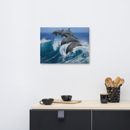 Four Bottle Noise Dolphins Jumping Waves In Tropical Blue Ocean Animal Wildlife Photograph Canvas Wall Art Print