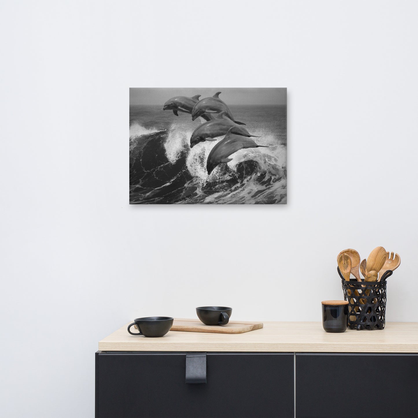 Four Bottle Noise Dolphins Jumping Waves In Tropical Ocean Black and White Animal Wildlife Photograph Canvas Wall Art Print